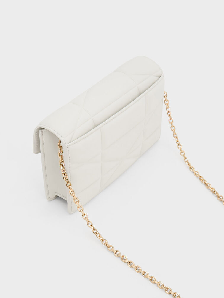 Blanche Chevron Chain-Strap Clutch, White, hi-res