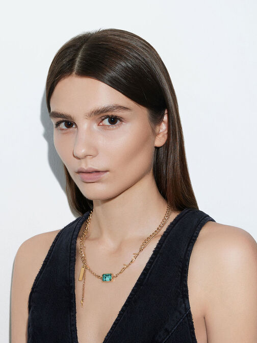 Zira Crystal Charm Double Necklace, Gold, hi-res