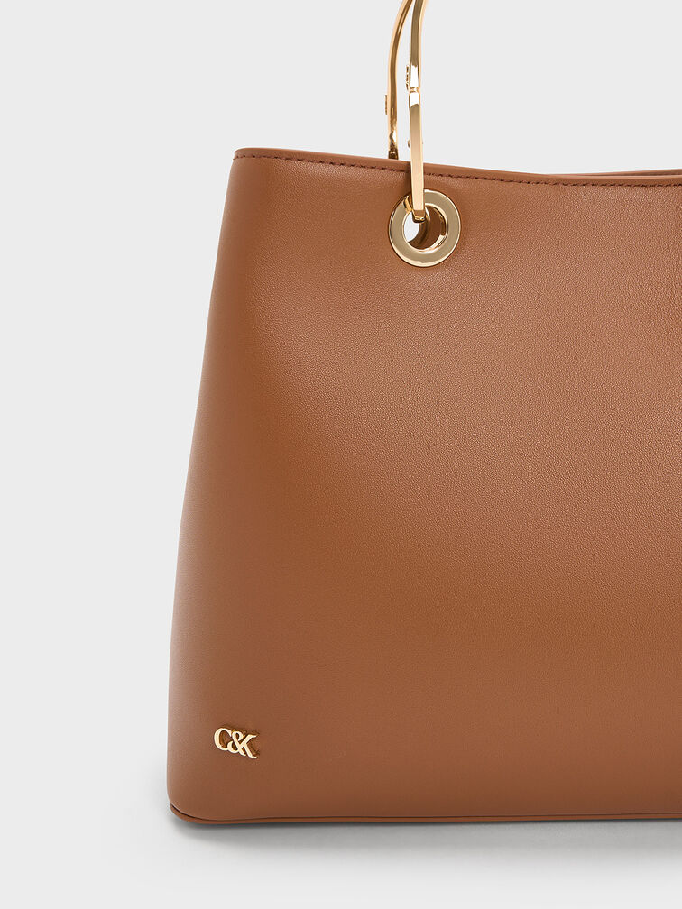 Leather Ring-Handle Bag, Cognac, hi-res