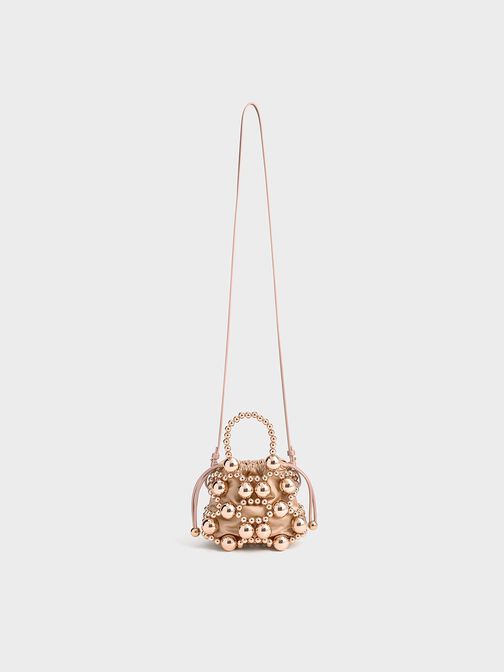 Metallic Beaded Top Handle Bag, Rose Gold, hi-res