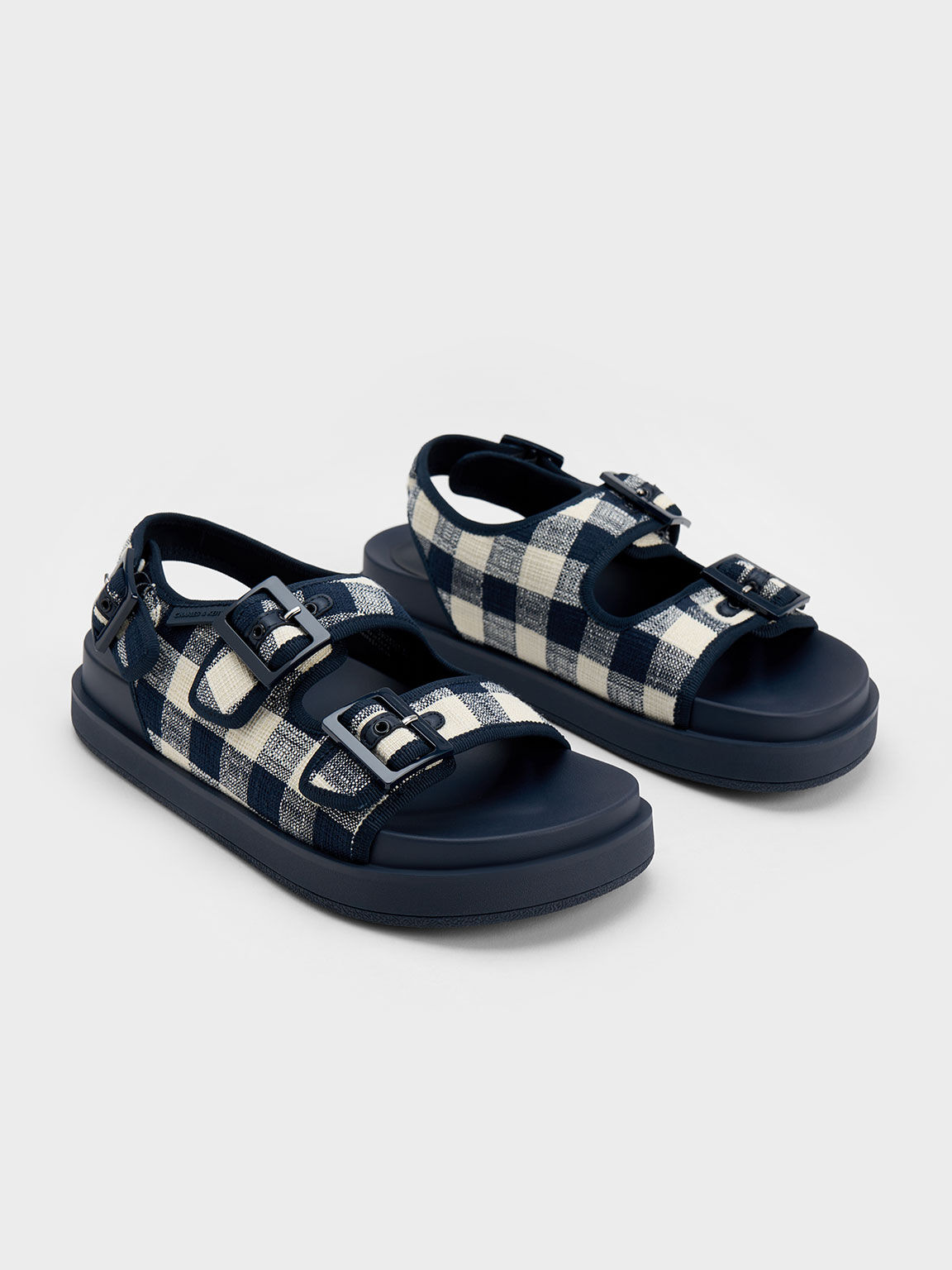 Dark Blue Della Gingham Buckled Flatform Sandals CHARLES KEITH KR