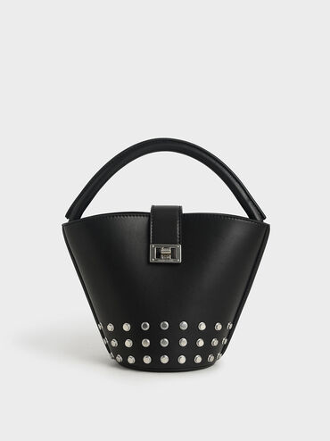 Studded Bucket Bag, Black, hi-res