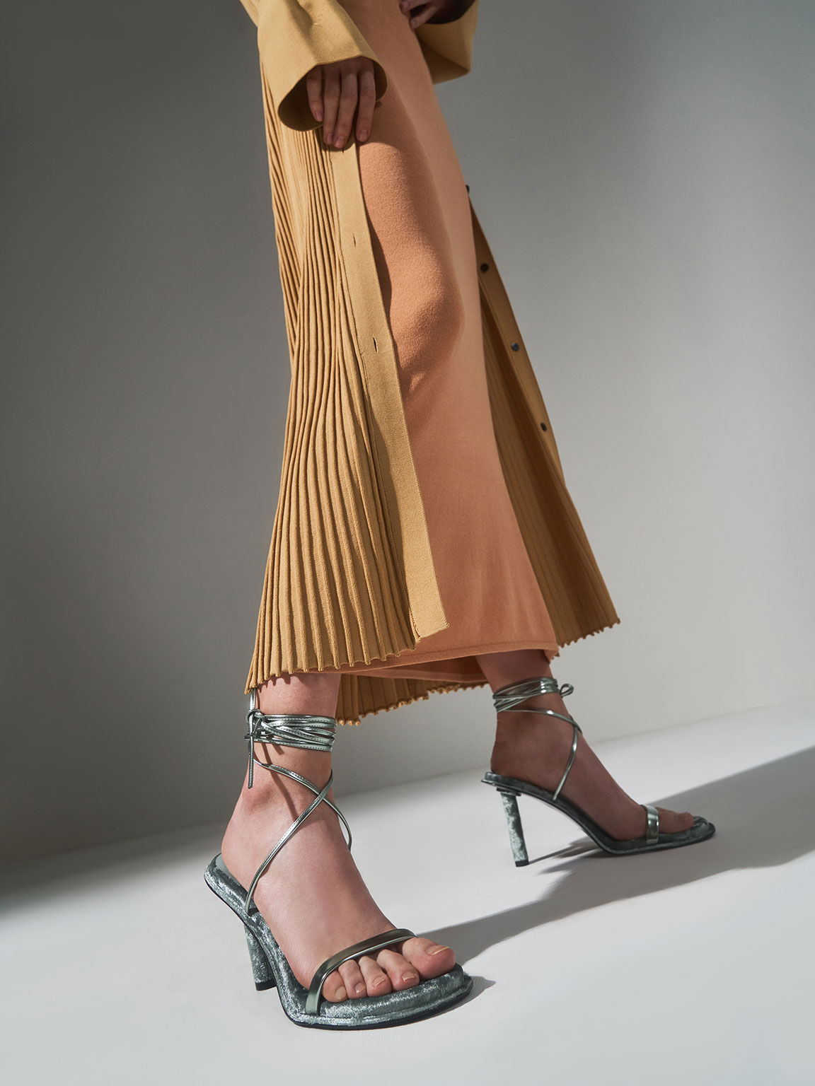 Holiday 2021 Collection: Kiera Metallic Tie-Around Stiletto Sandals, Sage Green, hi-res
