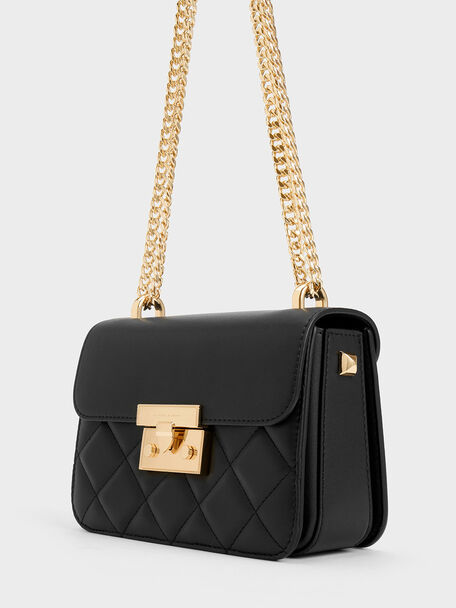 Quilted Push-Lock Chain-Handle Bag, Black, hi-res