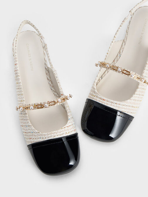 Tweed Beaded Chain-Link Slingback Flats, Cream, hi-res