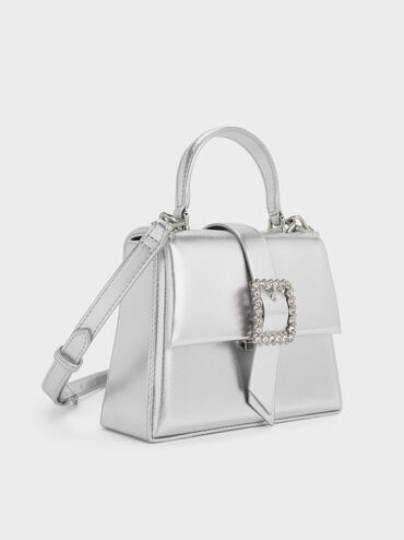Metallic Crystal-Buckle Belted Top Handle Bag, Plateado, hi-res