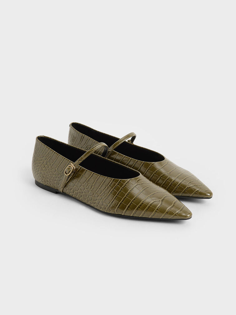 Croc-Effect Mary Jane Flats, Animal Print Green, hi-res