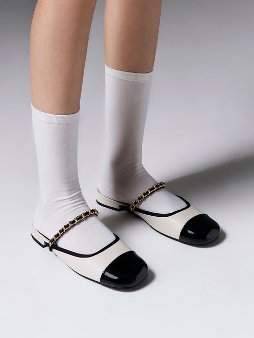 Patent Two-Tone Chain-Strap Mules, White, hi-res