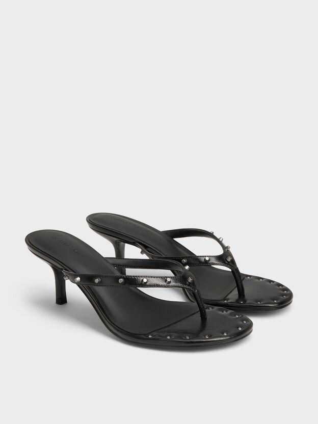 Briella Studded Heeled Thong Sandals, Black, hi-res