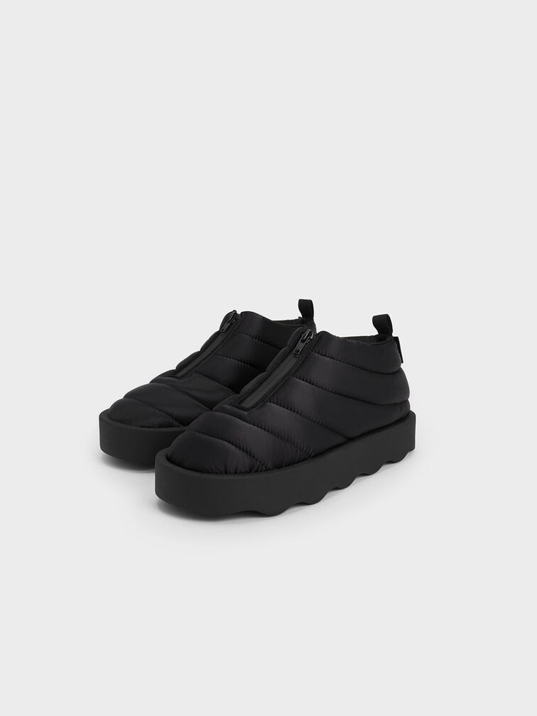 Puffy Nylon Panelled Zip-Up Boots, Black, hi-res