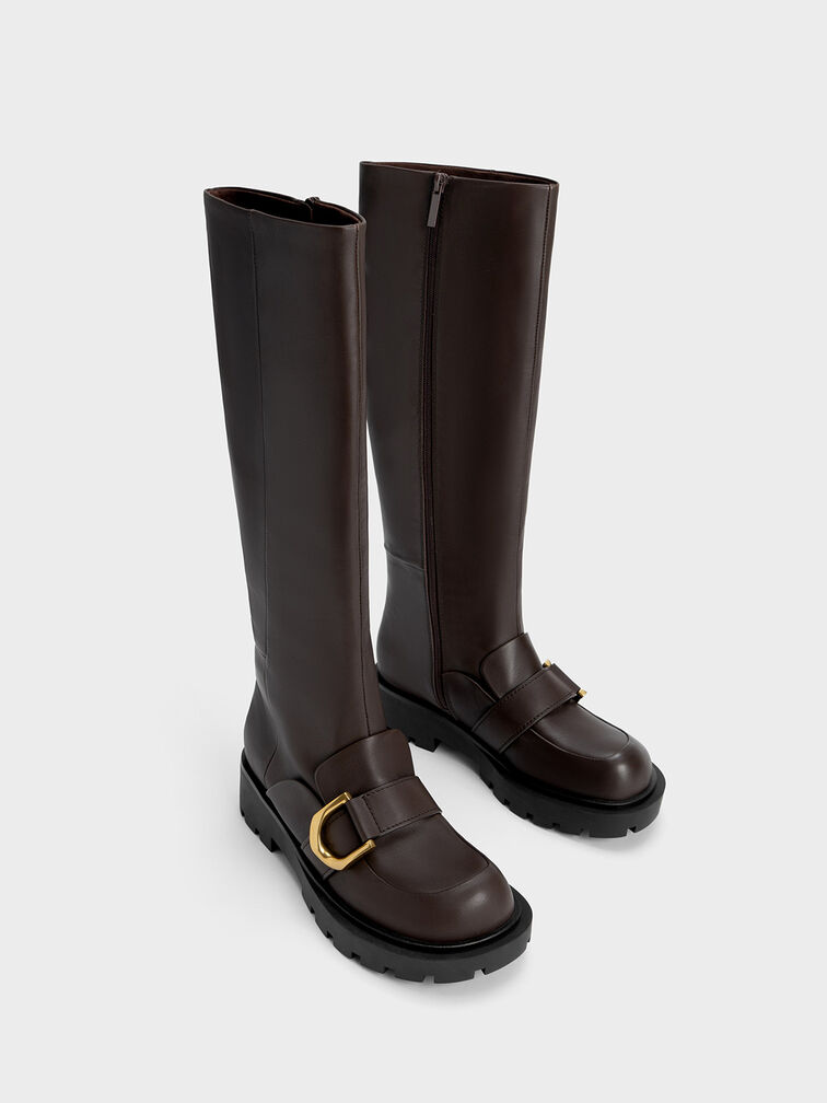 Brown Gabine Leather Knee-High Boots - CHARLES & KEITH US