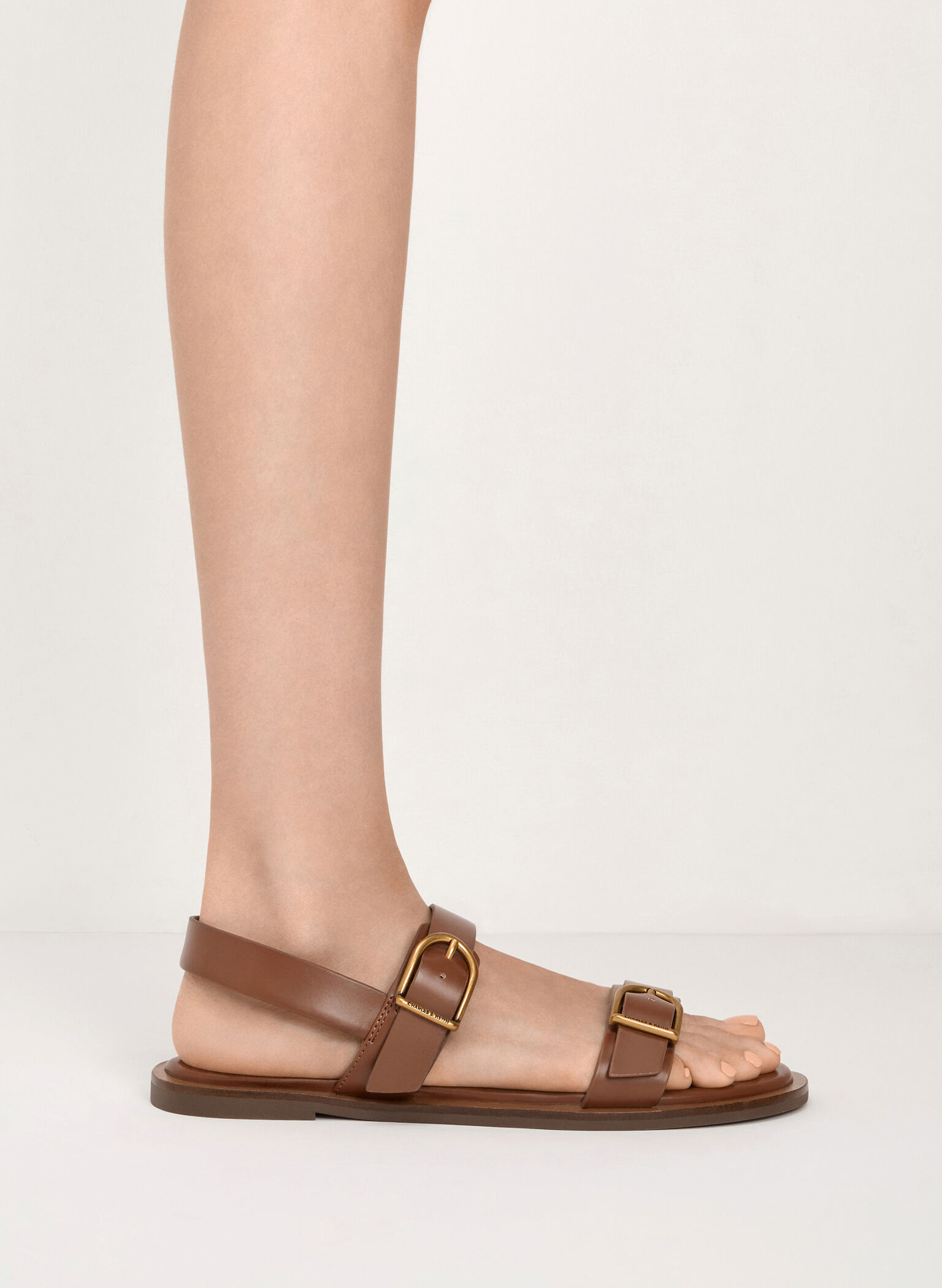 Sandalias slingback de doble correa con hebilla, Marrón, hi-res
