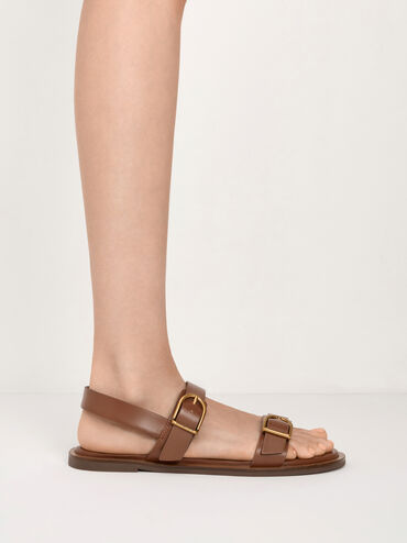 Sandalias slingback de doble correa con hebilla, Marrón, hi-res