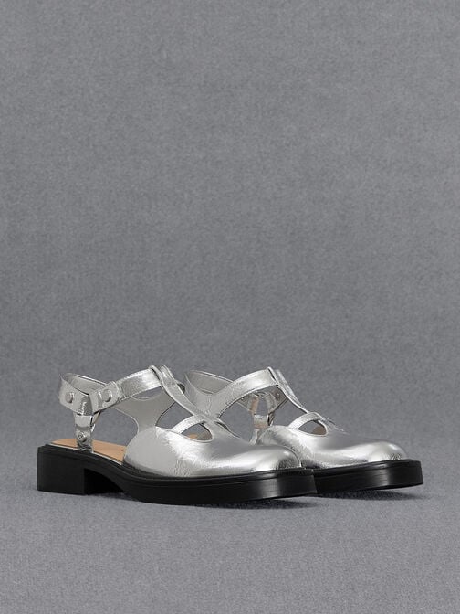 Leather Metallic Cut-Out T-Bar Sandals, Silver, hi-res