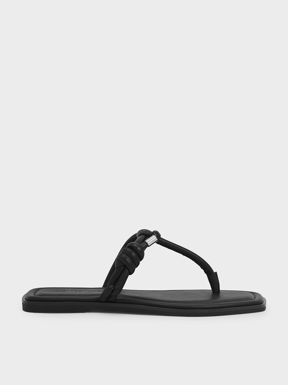 Leather Knotted Tubular Strap Thong Sandals, Black, hi-res