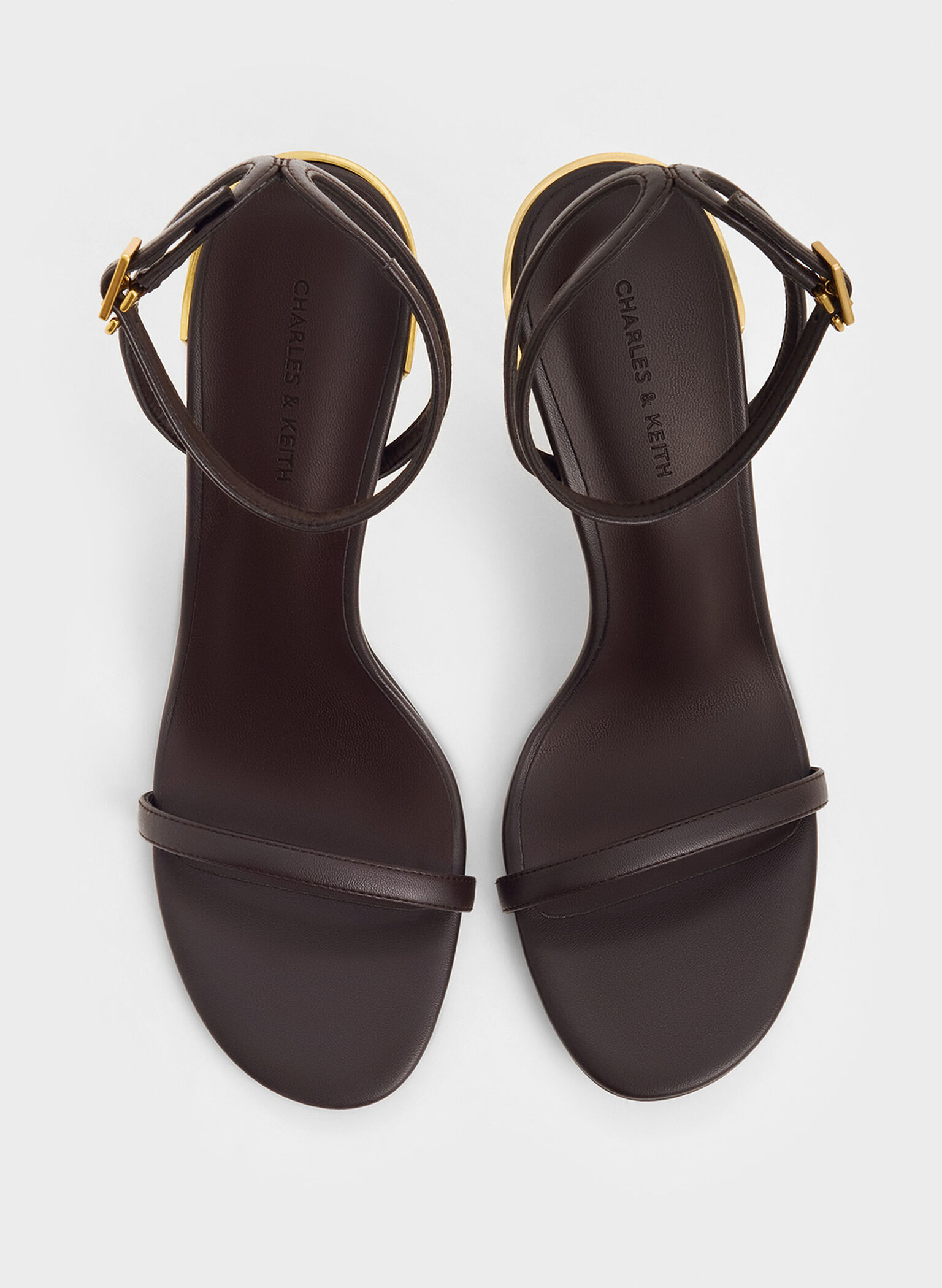 Sandalias metalizadas con tacón de aguja y correa al tobillo, Marrón oscuro, hi-res