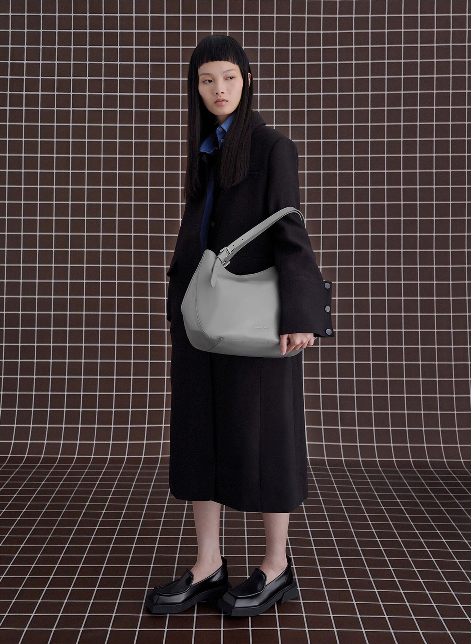 Bolso tote holgado con hebilla, Gris, hi-res