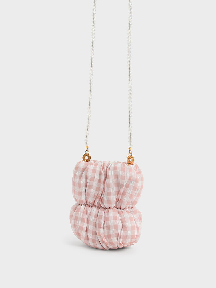 Ruched Bead-Handle Check-Print Crossbody Bag, Blush, hi-res