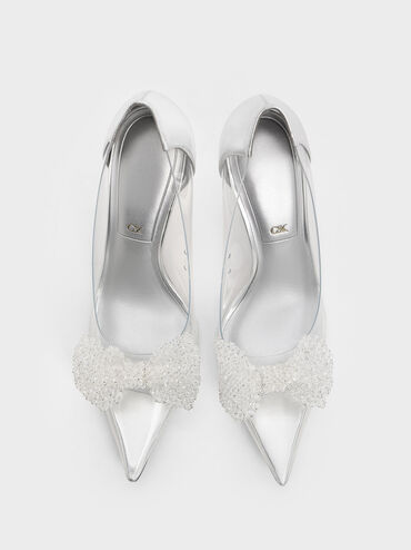 See-Through Beaded Bow Pumps, Clear, hi-res