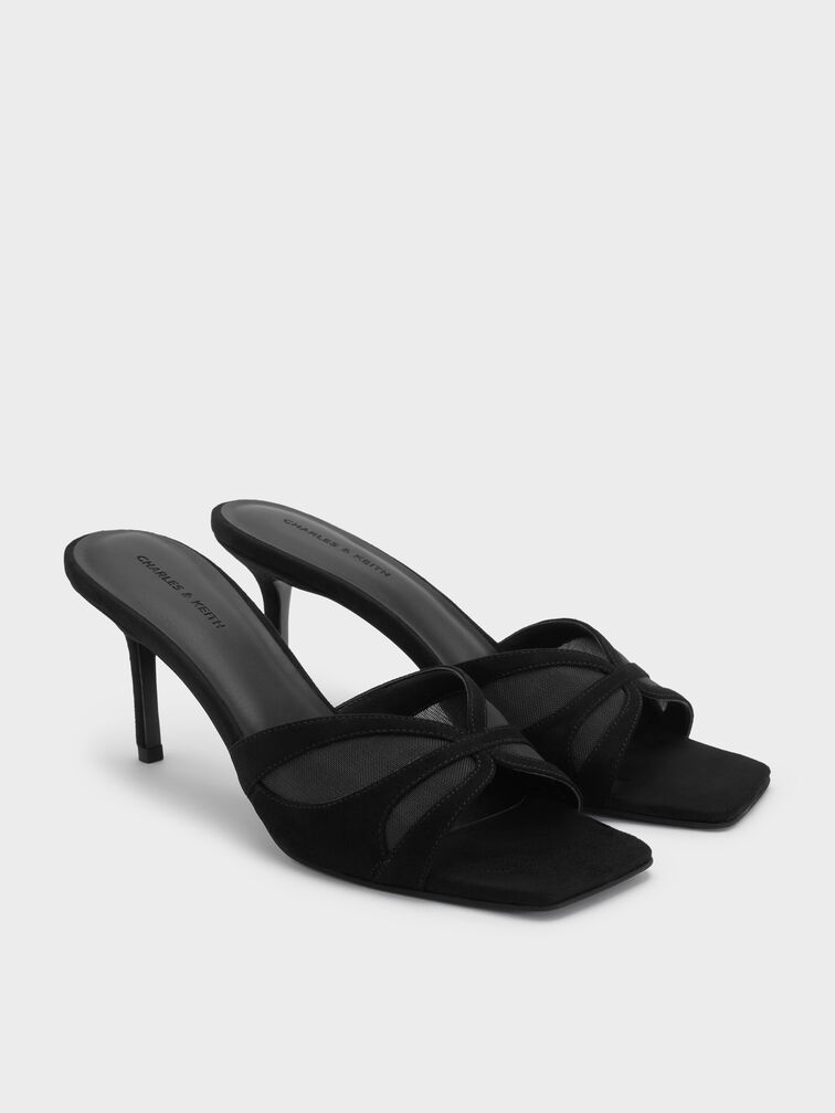Faux Suede & Mesh Heeled Mules, Black Textured, hi-res