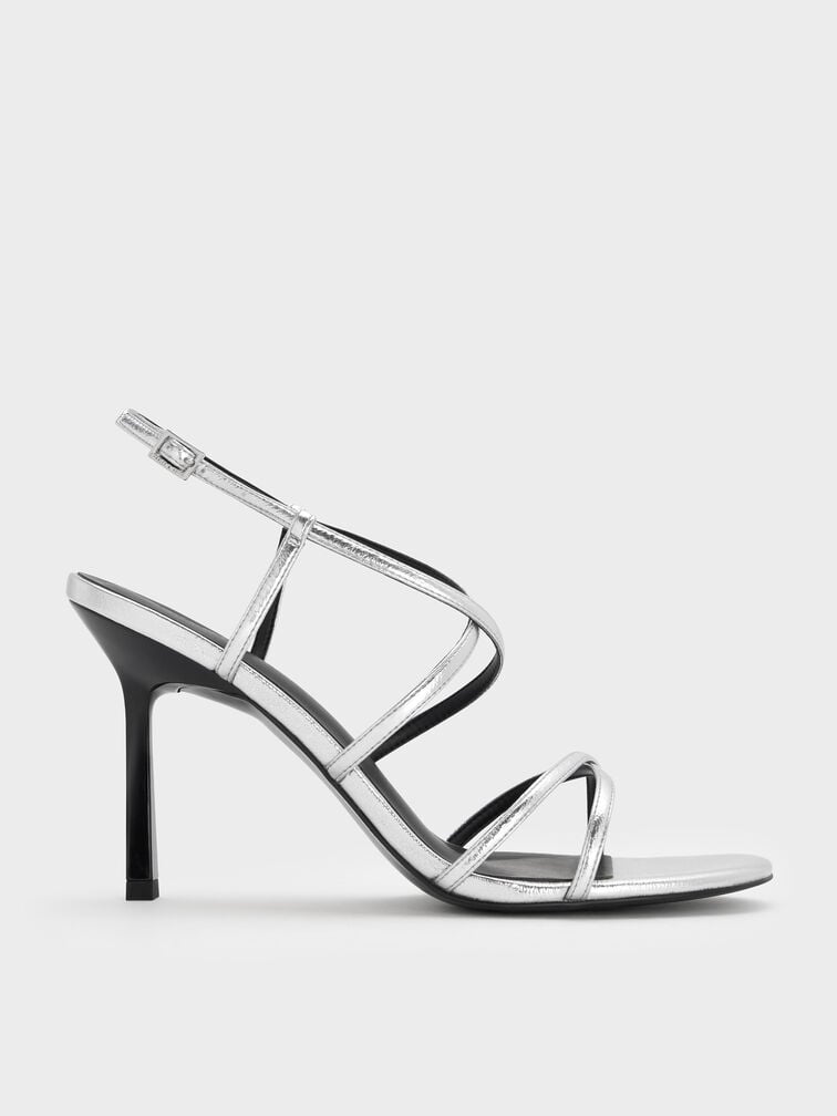 Metallic Strappy Crossover Trapeze-Heel Sandals, Silver, hi-res