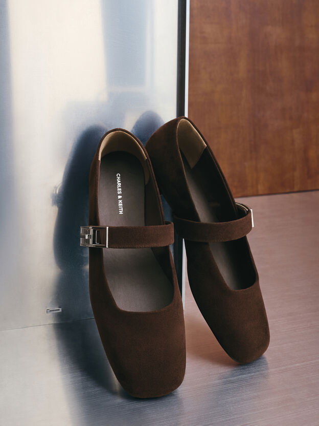 Lando Faux Suede Mary Jane Flats, Dark Brown Textured, hi-res