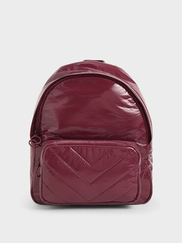 Quilted Double Zip Backpack, Burgundy, hi-res