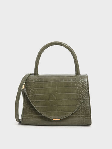 Croc-Effect Structured Top Handle Bag, Olive, hi-res