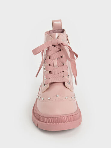 Girls' Patent Studded Lace-Up Ankle Boots, Pink, hi-res