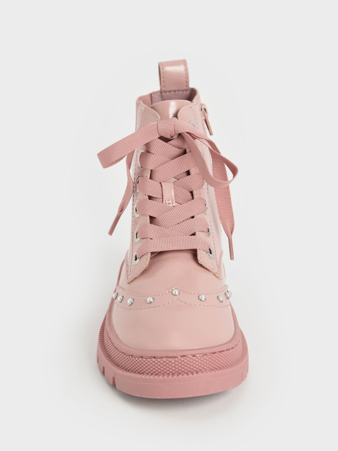 Girls' Patent Studded Lace-Up Ankle Boots, Pink, hi-res