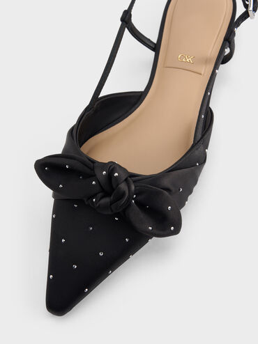 Jayce Dotted Knot-Bow Slingback Flats, Black Textured, hi-res