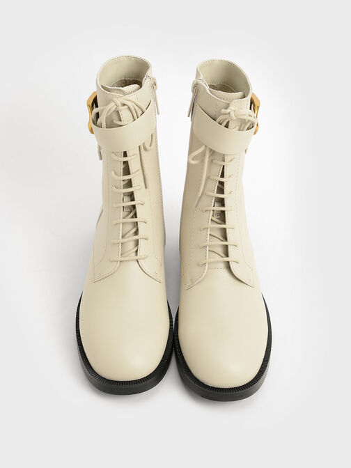 Botines Gabine de piel con cordones, Blanco tiza, hi-res