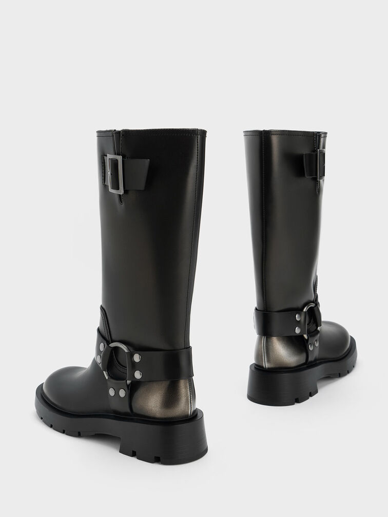 Metallic Buckled Knee-High Boots, Silver, hi-res