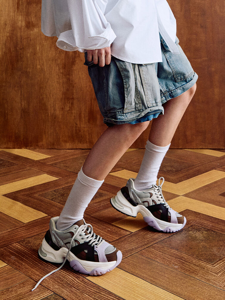 Mesh Contrast-Trim Chunky Sneakers, Brown, hi-res