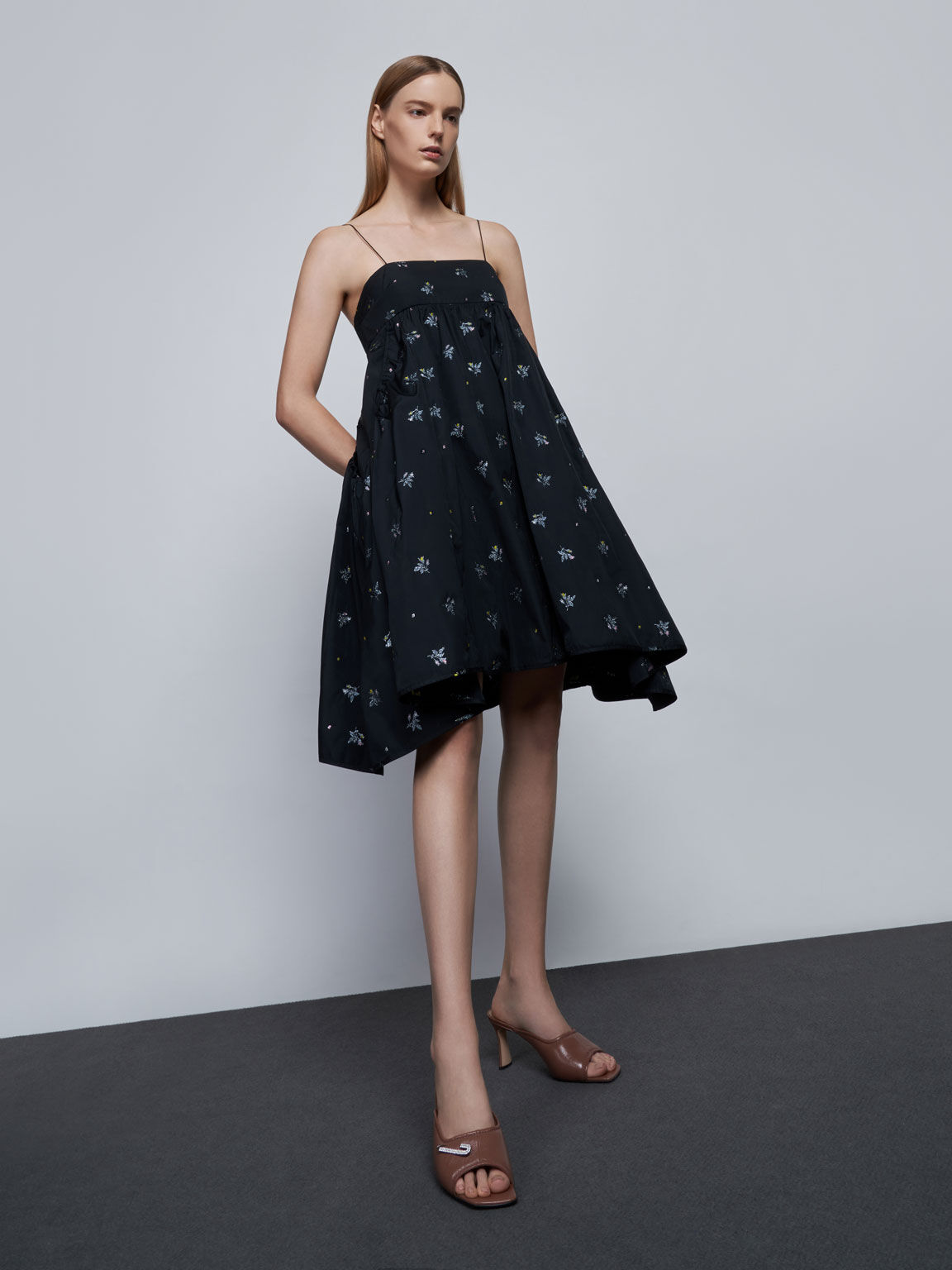Gem-Embellished Leather Mules, Tan, hi-res