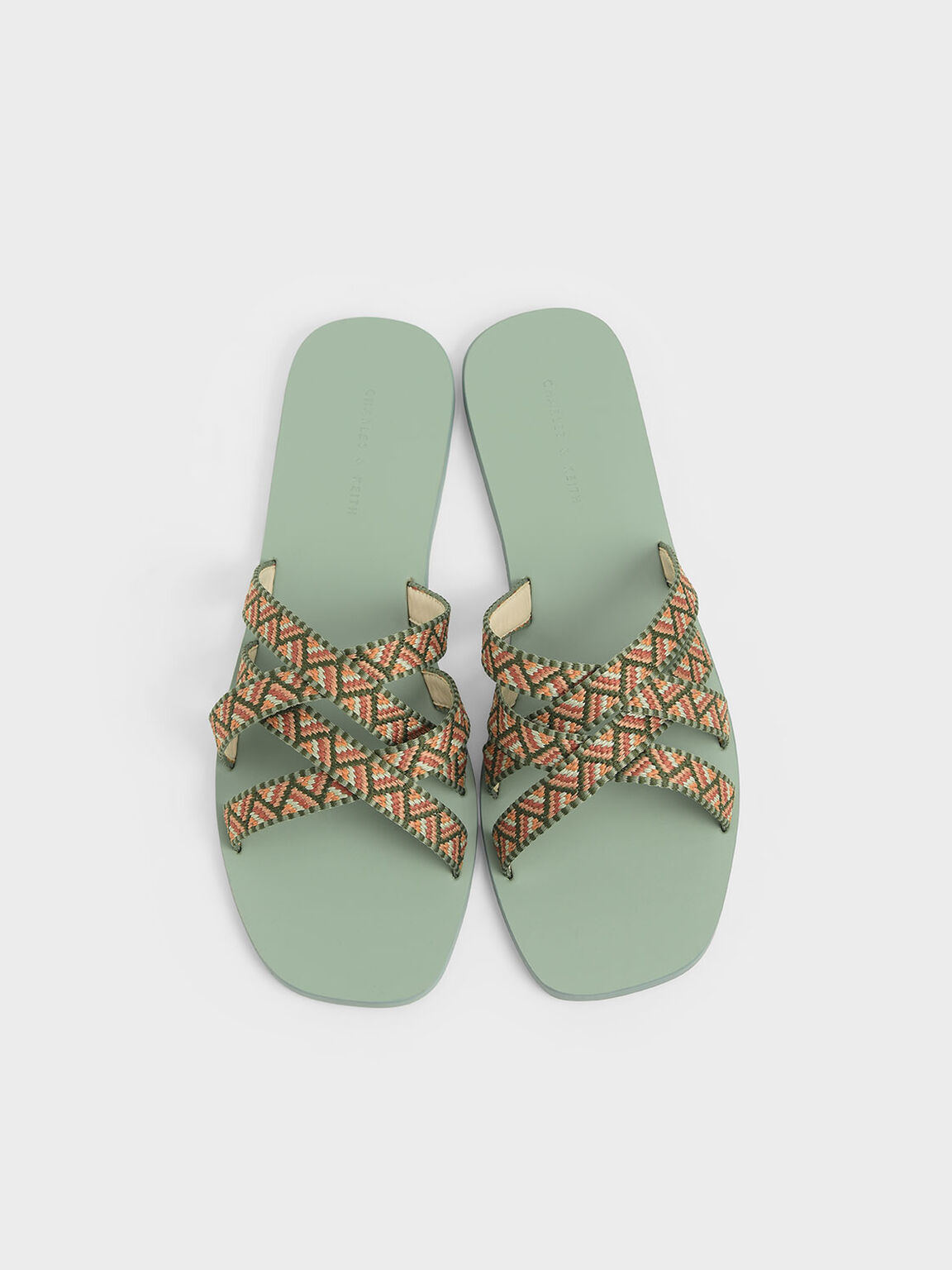 Woven Strappy Slide Sandals, Green, hi-res