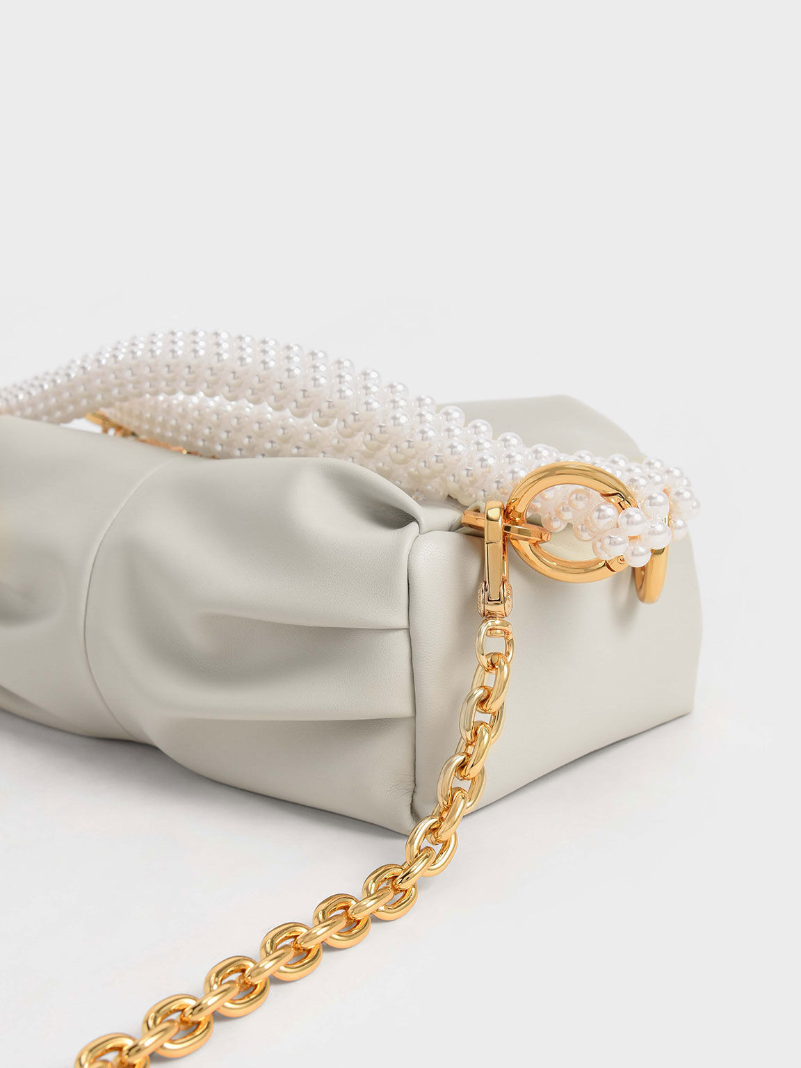 Beaded Handle Ruched Shoulder Bag, Chalk, hi-res