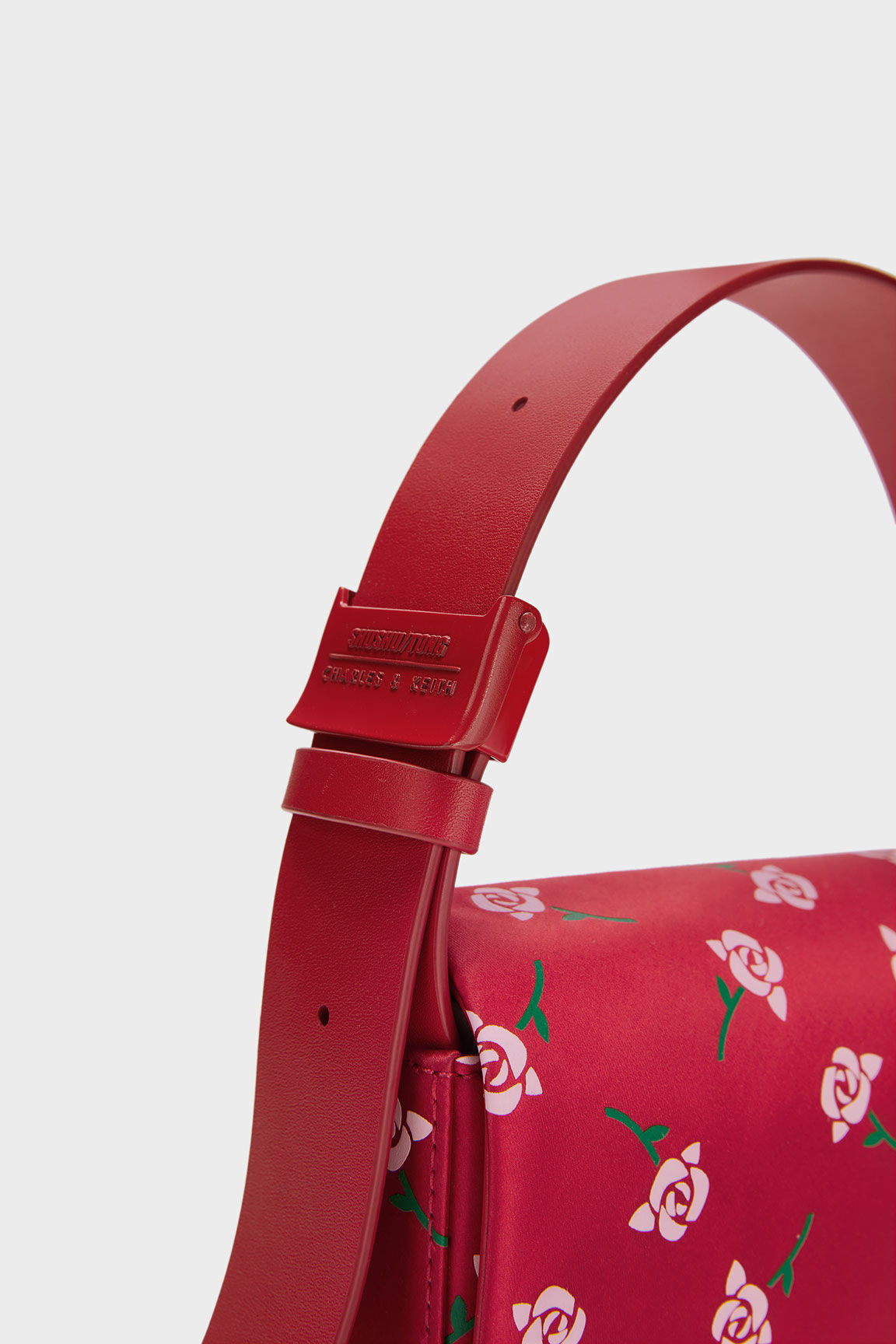 Red Chloris Satin & Leather Rose-Print Shoulder Bag - CHARLES 