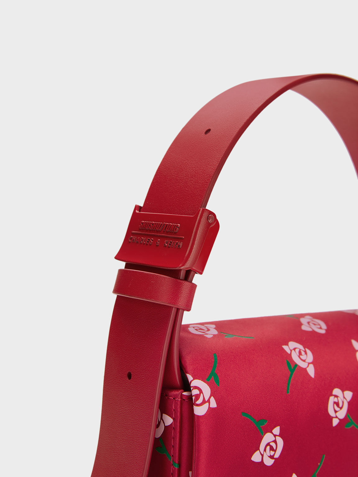 Chloris Satin & Leather Rose-Print Shoulder Bag, Red, hi-res