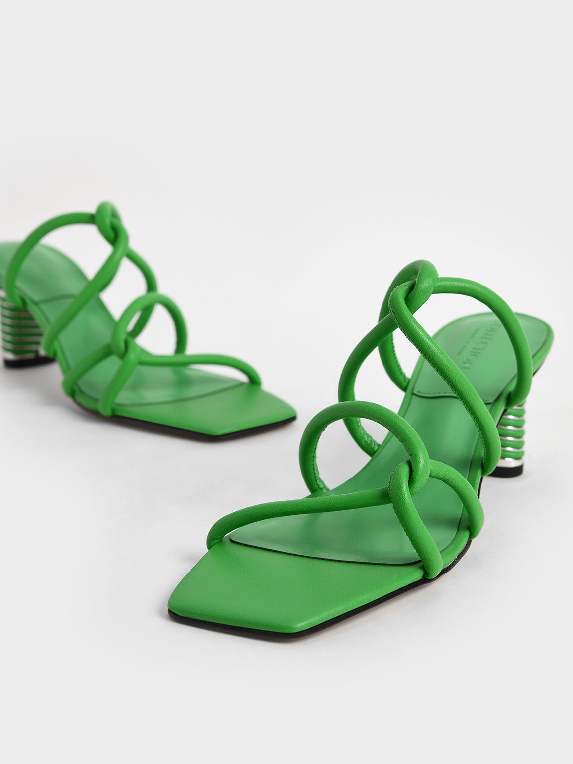 Leather Tubular Strap Heeled Sandals, Green, hi-res