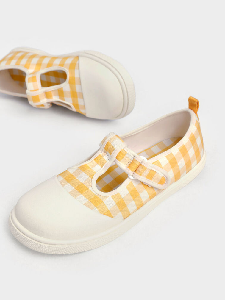 Zapatos de niña de lino con tira delantera y estampado de vichy, Amarillo, hi-res