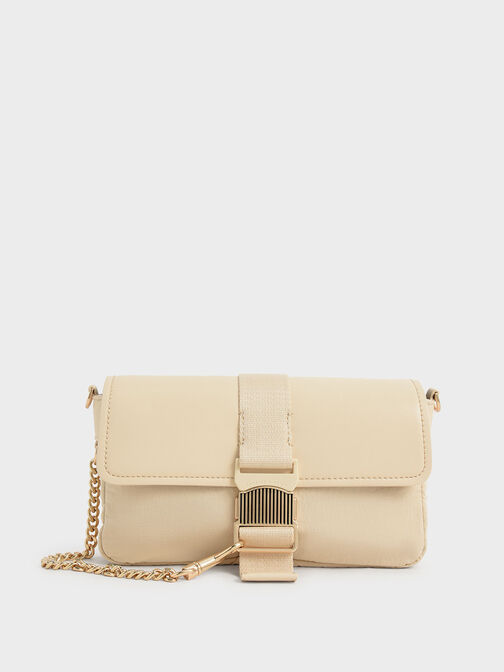 Aspen Metallic Belt Buckle Shoulder Bag, Beige, hi-res