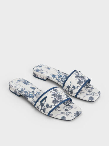 Floral-Print Slide Sandals, Blue, hi-res