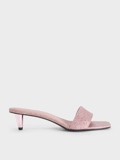 Glittered Cone-Heel Mules, Pink, hi-res