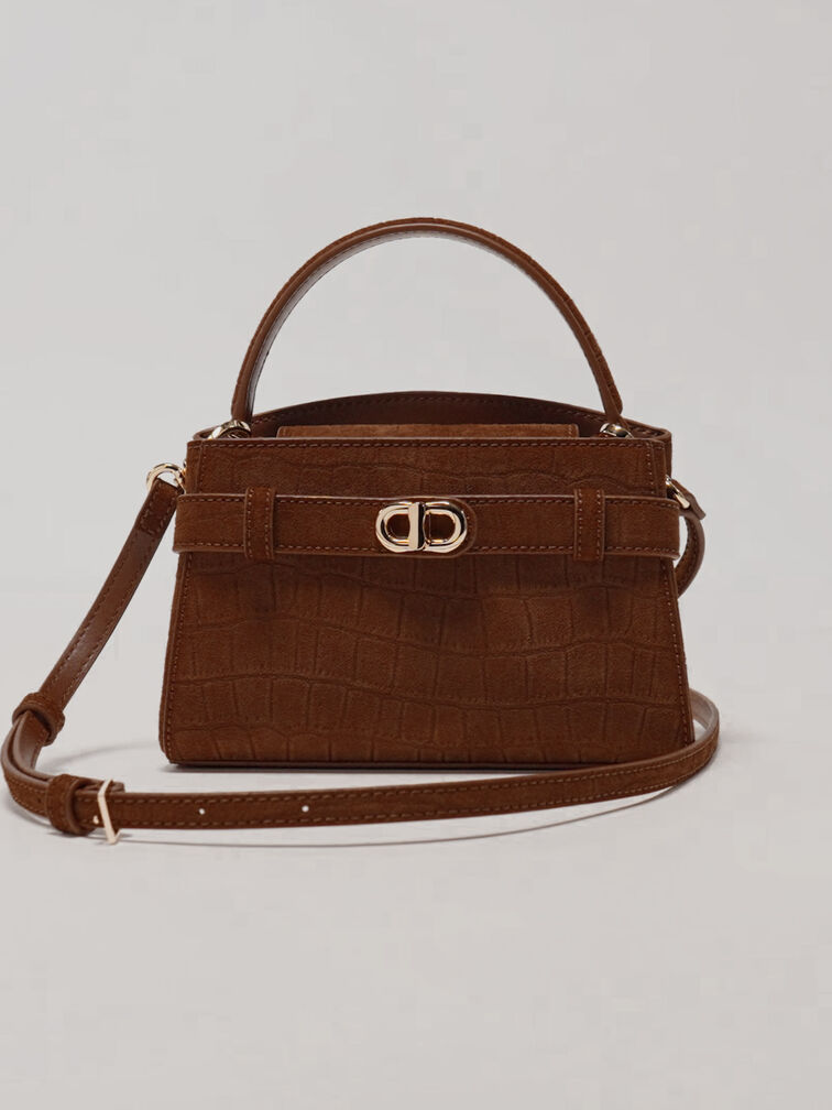 Aubrielle Croc-Effect Belted Top Handle Bag, Chocolate, hi-res