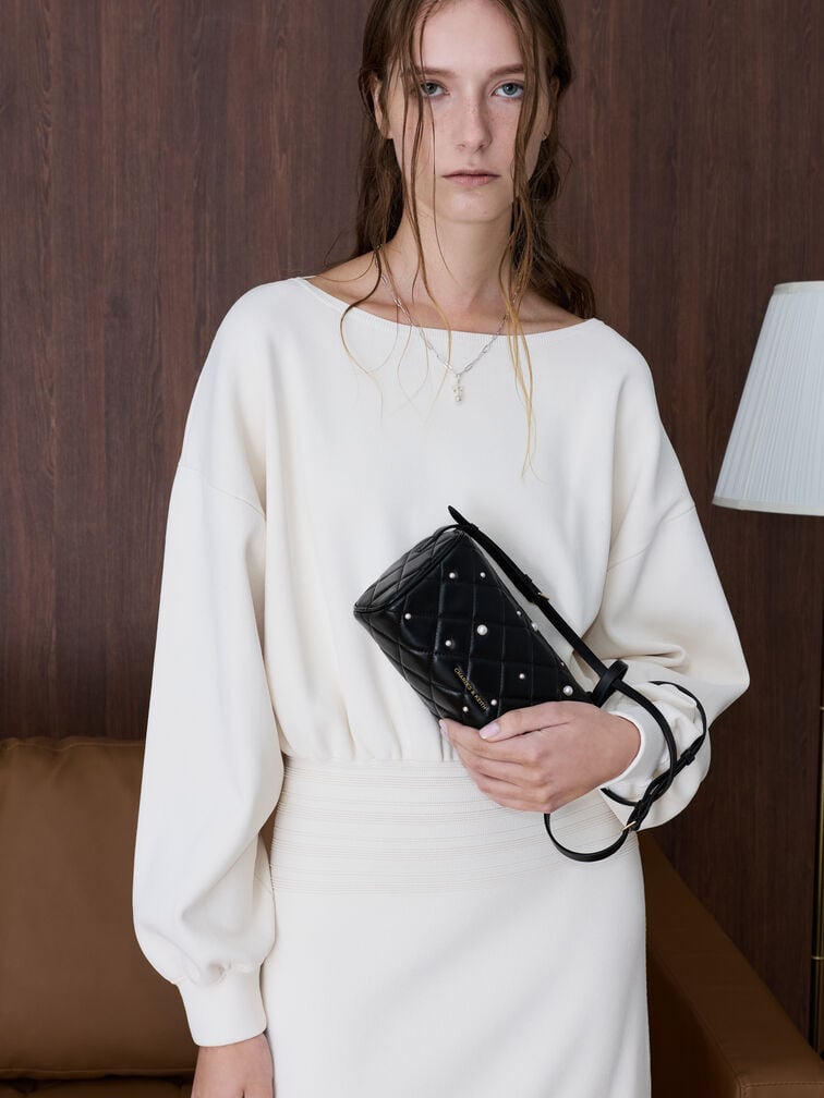 Janie Pearl-Embellished Quilted Shoulder Bag, Noir, hi-res