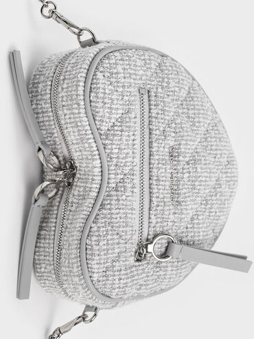 Philomena Tweed Quilted Heart Crossbody Bag, Light Grey, hi-res