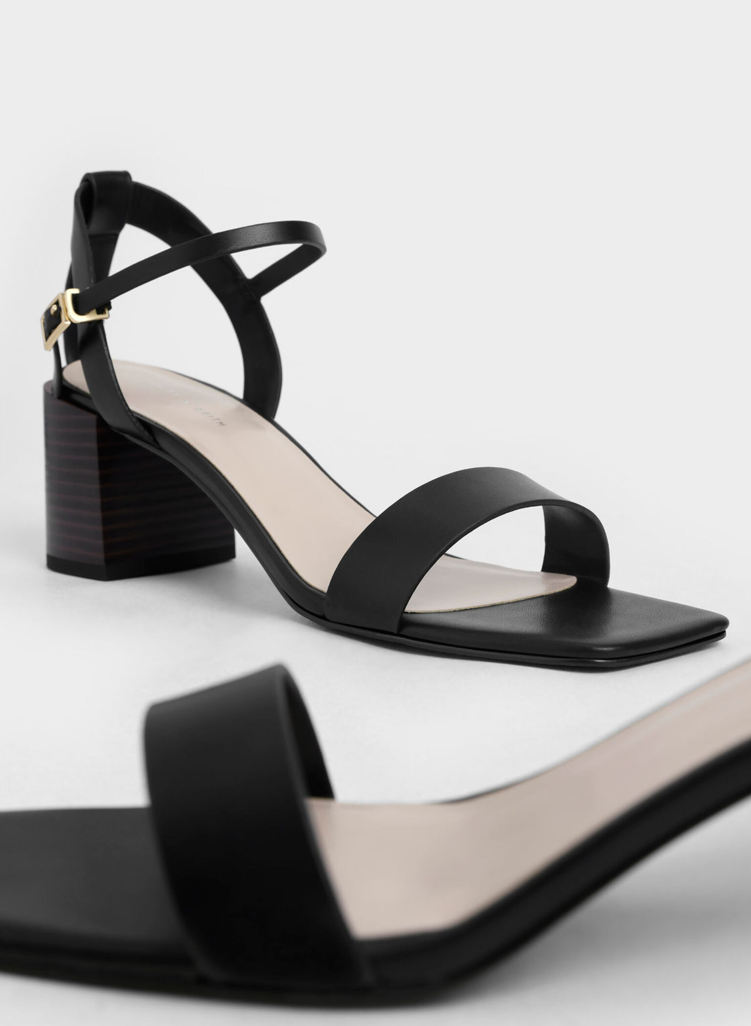 Ankle Strap Stacked Heel Sandals, Black, hi-res