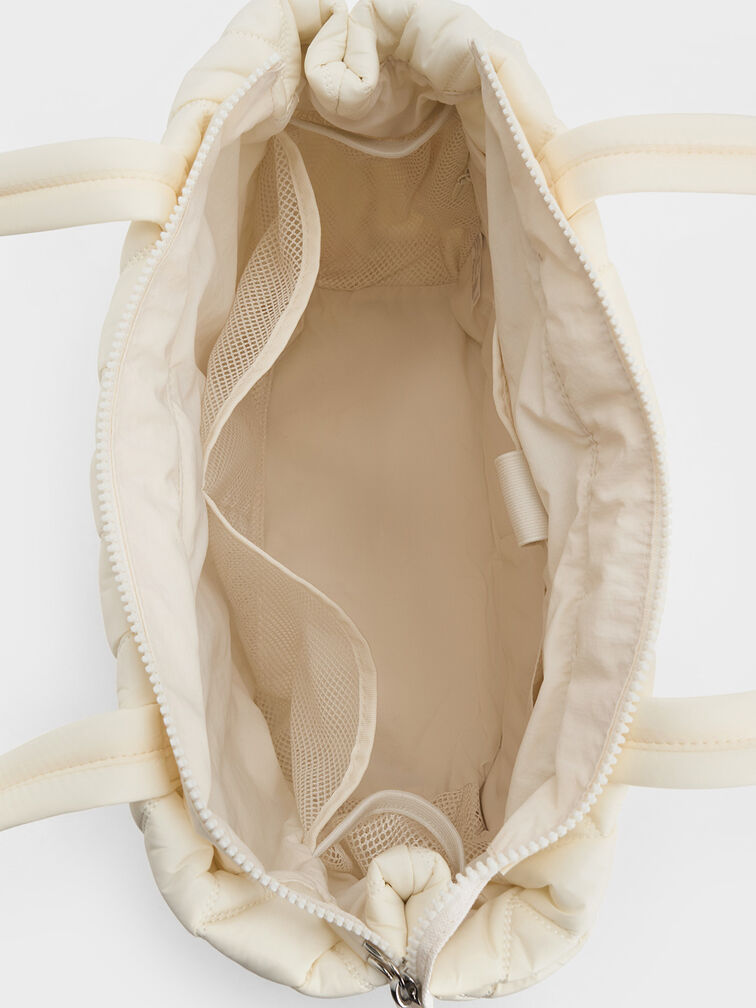 Bolso tote estilo chevron de nylon, Crema, hi-res
