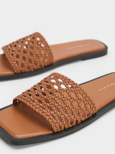 Woven Square-Toe Slides, Cognac, hi-res